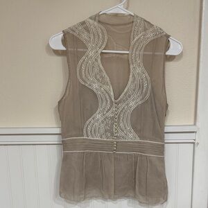 Elie Tahari Taupe Sleeveless Sheer Lace-Trim Camisole
